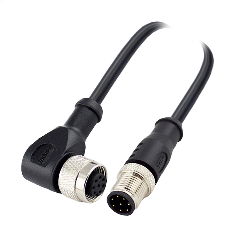 M12 8pins A code male straight to female right angle molded cable,shielded,PVC,-40°C~+105°C,24AWG 0.25mm²,brass with nickel plated screw